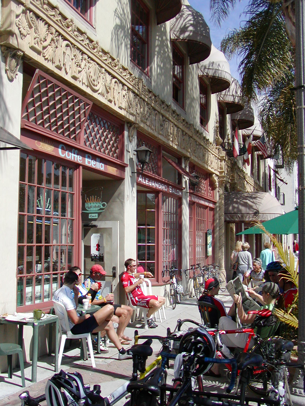 People sitting outside a cafe in downtown Ventura, California